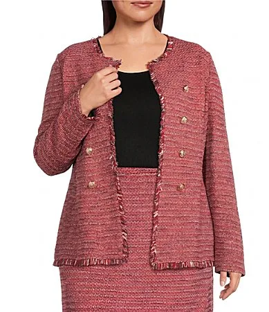 Ming Wang x Anna Marie Fringe Trim Tweed Knit Coordinating Jacket by Ming Wang