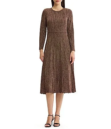 Shimmer Lurex Metallic Knit Crew Neck Long Sleeve Fit & Flare Midi Dress by Misook