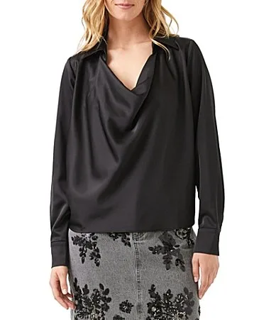 Coordinating Satin Collared Draped Cowl Neck Long Sleeve Blouse by Karen Kane