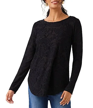 Jacquard Knit Floral Burnout Crew Neck Long Sleeve Top by Karen Kane