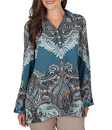 Ruby Rd. Woven Painted Scarf Paisley Bloom Collared V-Neck Long Sleeve Top by Ruby Rd