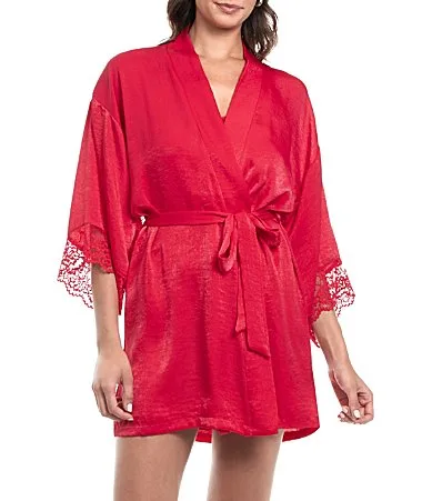 34 Sleeve Shawl Collar Satin Lace Detail Belt Tie Closure Robe by In Bloom by Jonquil