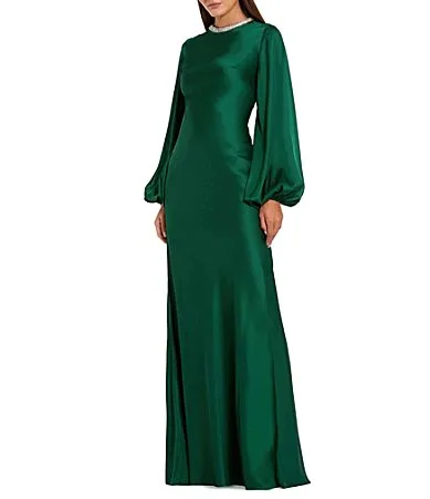 Mac Duggal Rhinestone Trim Long Sleeve Satin Gown by M.A.C.
