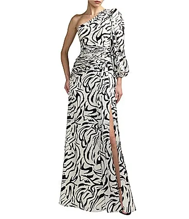 Mac Duggal Floral One Shoulder One Long Sleeve High Front Slit Gown by M.A.C.