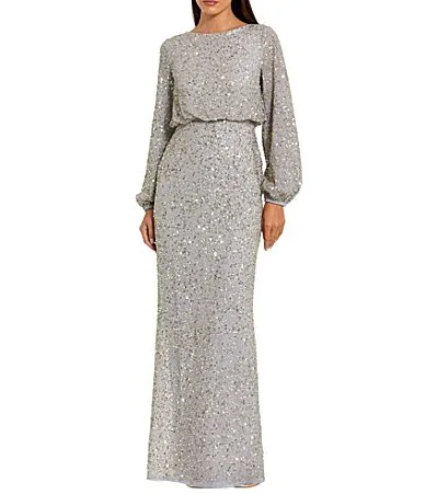 Mac Duggal Beaded Mesh Long Sleeve Blouson Gown by M.A.C.
