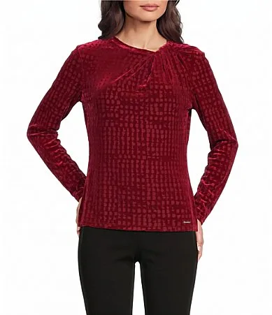 Knit Velvet Twist Neck with Hardware Long Sleeve Blouse by Calvin Klein
