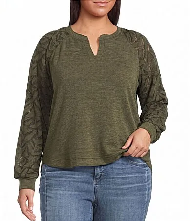 Mixed Media Mandarin Long Blouson Sleeve Top by Democracy
