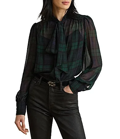 Lauren Ralph Lauren Black Watch Georgette Tie-Neck Long Sleeve Blouse by Ralph Lauren