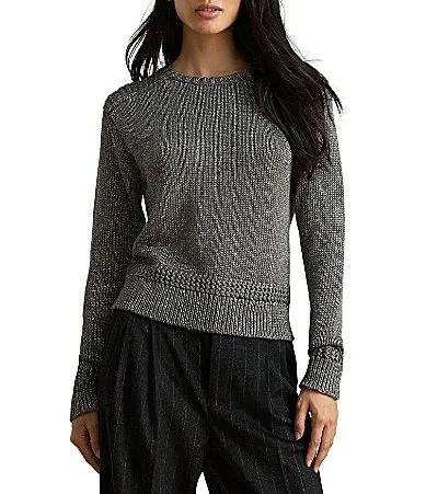 Lauren Ralph Lauren Ribbed Knit Metallic Cotton-Blend Crew Neck Long Sleeve Sweater Top by Ralph Lauren