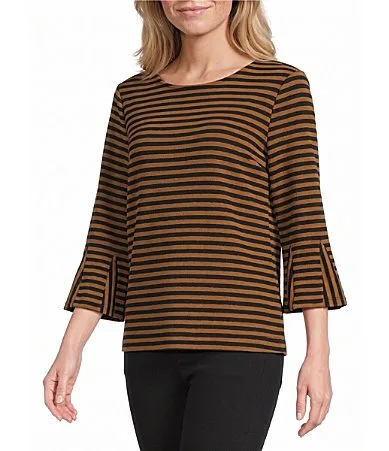 Knit Stripe Boat Neck 34 Sleeve Pullover Top by Multiples