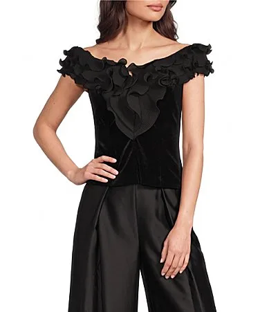 Off the Shoulder Ruffle Organza Velvet Top by Maggy London