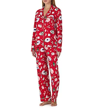 Festive Party Print Long Sleeve Notch Collar Brushed Jersey Knit Pajama Set by kate spade