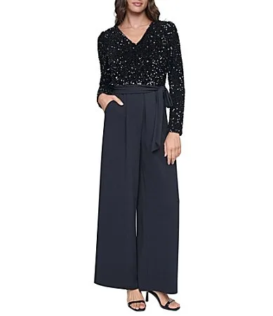DKNY by Donna Karan V Neck Long Sleeve Scuba Crepe Sequin Velvet Jumpsuit by Donna Karan