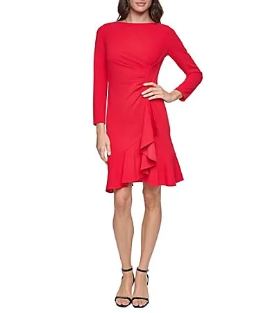 DKNY by Donna Karan Boat Neck Ruched Waist Scuba Crepe Sheath Dress by Donna Karan