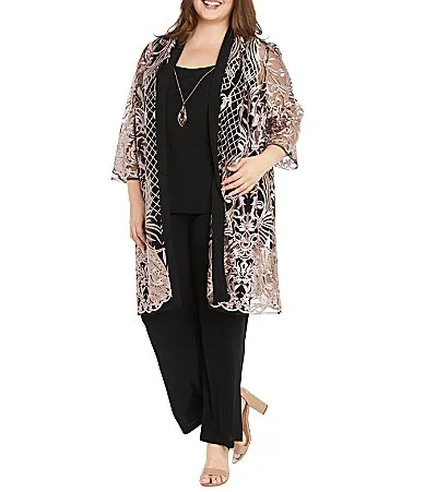 3/4 Sleeve Scoop Neck Embellished Sequin Jacket 3-Piece Pant Set