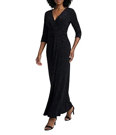 Metallic Knit Surplice Neck 3/4 Sleeve Twist Detail Long Dress by Ignite Evenings