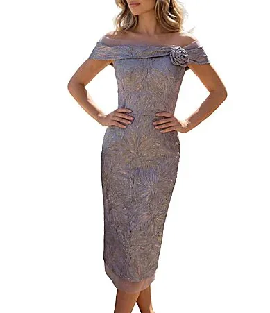 Off the Shoulder Metallic Jacquard Midi Dress by Terani Couture