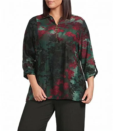 Knit Burnout Zip Funnel Neck 3/4 Roll-Tab Sleeve Tunic by Calessa