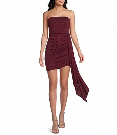 Strapless Shirred Sash Glitter Knit Mini Dress by Honey and Rosie