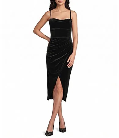 Cowl Neck Asymmetric Faux Wrap Velvet Midi Dress by Honey and Rosie
