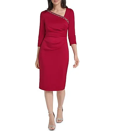 Asymmetrical Beaded Neck 34 Sleeve Side Ruched Scuba Sheath Dress by Jessica Howard