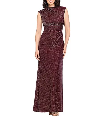 Glitter Crinkle Mock Neck Shirred Sheath Gown by Betsy & Adam