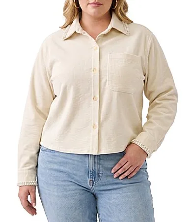 Soft Corduroy Pearl Embellish Point Collar Long Sleeves Button Front Top by Karen Kane