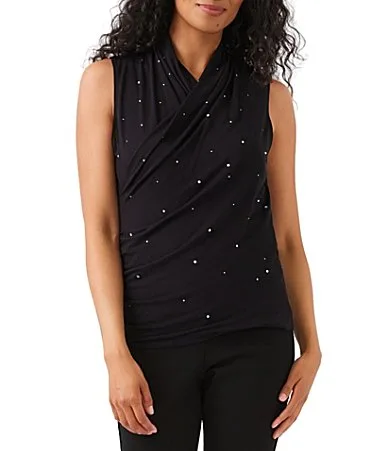 Jersey Knit Crossover Neck Sleeveless Front Sequin Embellished Top by Karen Kane