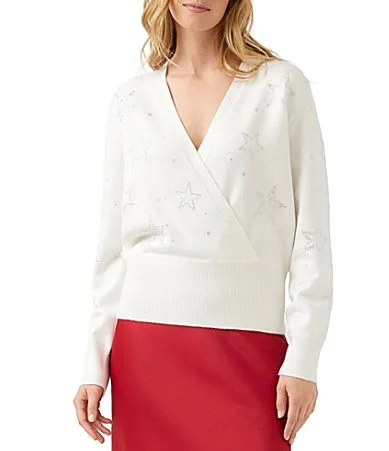 Knit Embellished Star V-Neck Long Sleeve Faux Wrap Sweater by Karen Kane