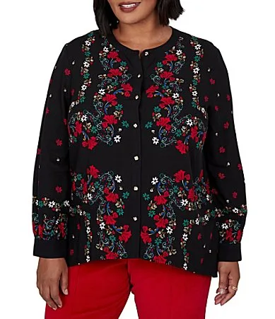 Woven Matte Floral Band Collar Long Sleeve Button Front Shirt by Ruby Rd