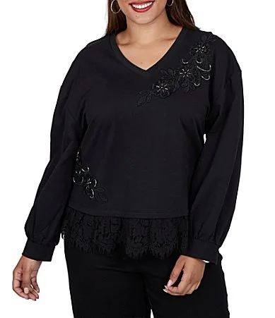 French Terry Delicate Beaded V-Neck Long Sleeve Lace Hem Top by Ruby Rd