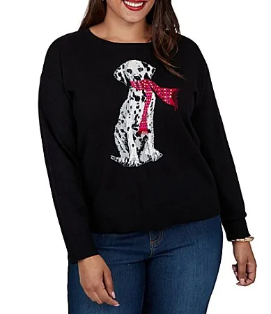 Intarsia-Knit Dalmatian in a Tied Red Scarf Boat Neck Long Sleeve Sweater by Ruby Rd