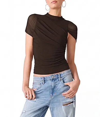 Kerry Mesh Mock Neck Wrap Short Sleeve Knit Top by Steve Madden