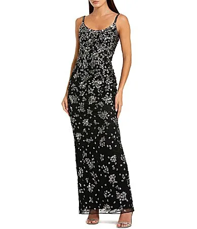 Mac Duggal Embellished Floral Beaded Open Back Detail Scoop Neck Sleeveless Gown by M.A.C.