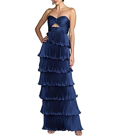 Mac Duggal Pleated Strapless Cut Out Tiered Ruffle Charmeuse Satin Column Gown by M.A.C.