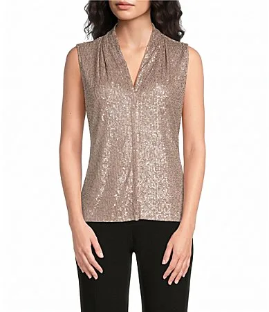 Woven Sequin V-Neck Sleeveless Pullover Top by Calvin Klein