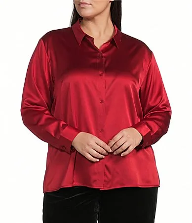 Stretch Silk Charmeuse Point Collar Long Sleeve Button-Front Shirt by Eileen Fisher