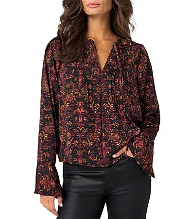 Long Woven Satin Floral Print V-Neck Long Sleeve Front Pintucks Detail Blouse by Liverpool Los Angeles
