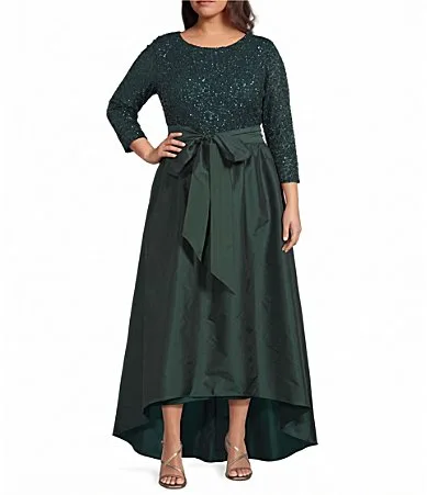 Beaded Mesh Boat Neck 34 Sleeve Taffeta Gown by Pisarro Nights