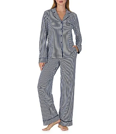 Navy Stripe Print Long Sleeve Notch Collar Brushed Jersey Knit Pajama Set by kate spade