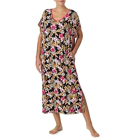 Floral Print Short Sleeve V-Neck Jersey Knit Caftan by Tommy Bahama