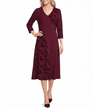 Flocked Floral Scuba Crepe Long Sleeve V-Neck Fit and Flare Dress by Investments