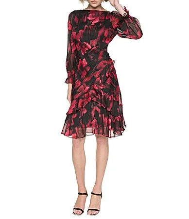 DKNY by Donna Karan Boat Neck 3/4 Sleeve Rubbed Cuff Ruffle Hem Chiffon Dress by Donna Karan