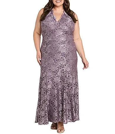 Long Lace V-Neck Gown by R&M Richards