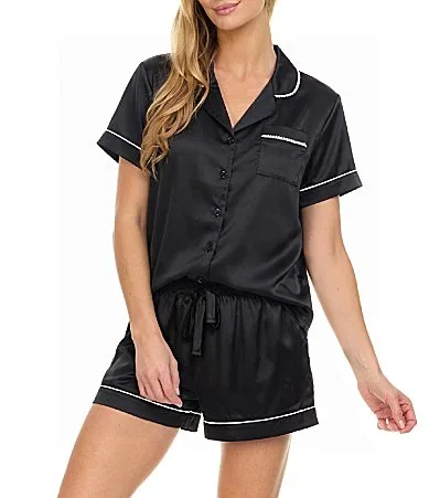 Solid Short Sleeve Notch Collar Charmeuse Pearl Detail Pajama Set by Flora Nikrooz
