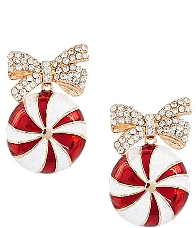 Crystal Pave Bow Christmas Peppermint Candy Enamel Drop Earrings by Merry & Bright