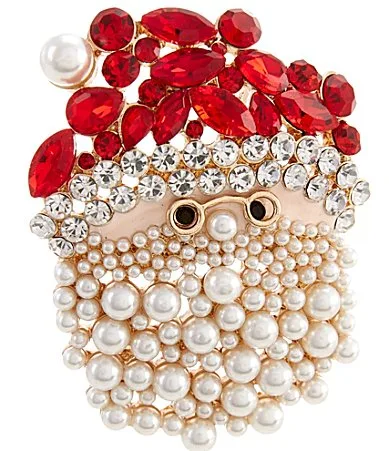 Crystal Stone Pearl Beaded Santa Face Pin by Merry & Bright