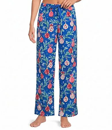 Blue Ornament Print Flannel Drawstring Tie Coordinating Holiday Sleep Pants