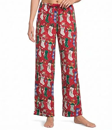 Pup Stocking Print Flannel Drawstring Tie Coordinating Holiday Sleep Pants