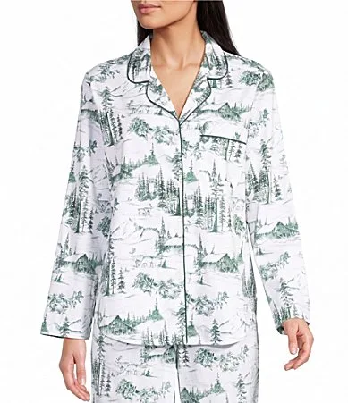 Green Toile Print Flannel Long Sleeve Notch Collar Coordinating Button-Front Holiday Sleep Top by Sleep Sense